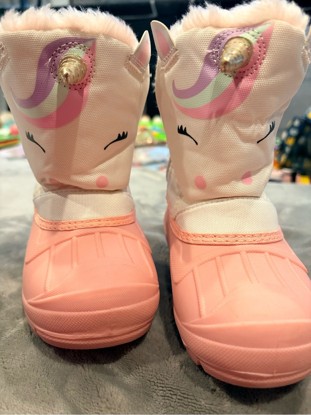 Kids Pink Unicorn Winter Boots with Faux Fur Trim